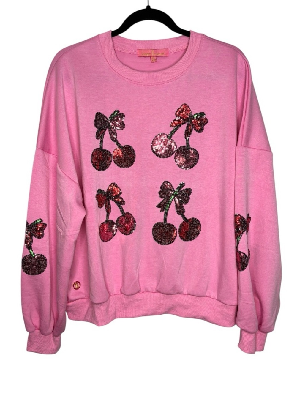 Simply Southern Oversized Pink Sequin Cherry Bows Sweatshirt Size XL Preppy